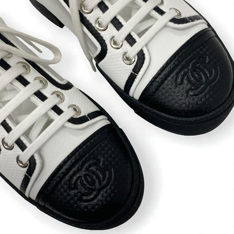 Chanel Sneakers Shoes Leather Mesh White Black Here Mark Lace Up