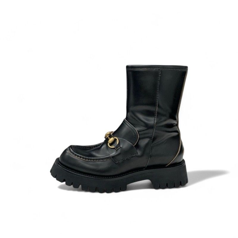 Gucci Boots Short Boots Shoes Leather Black Gold Horsebit Bee Embroidery