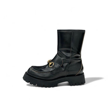 Gucci Boots Short Boots Shoes Leather Black Gold Horsebit Bee Embroidery
