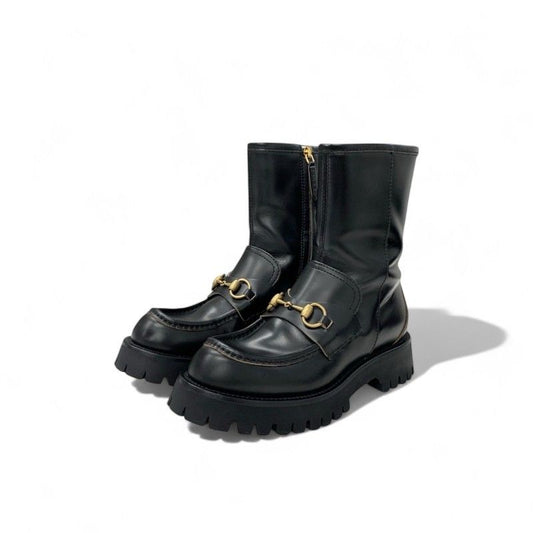 Gucci Boots Short Boots Shoes Leather Black Gold Horsebit Bee Embroidery