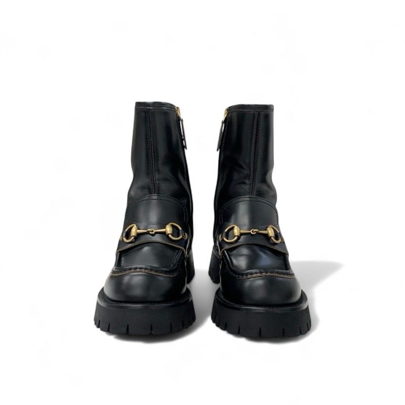 Gucci Boots Short Boots Shoes Leather Black Gold Horsebit Bee Embroidery