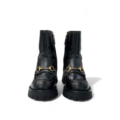 Gucci Boots Short Boots Shoes Leather Black Gold Horsebit Bee Embroidery
