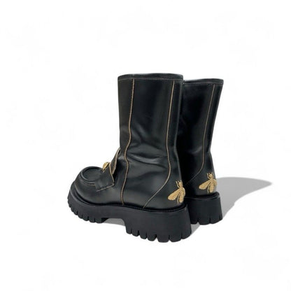 Gucci Boots Short Boots Shoes Leather Black Gold Horsebit Bee Embroidery