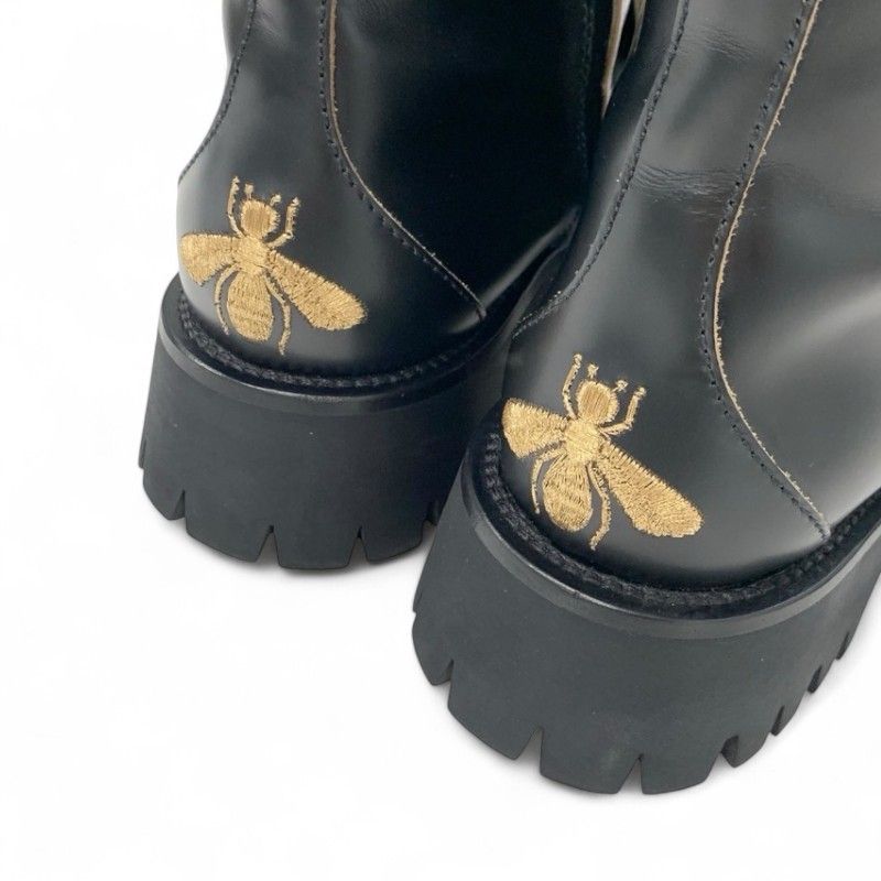 Gucci Boots Short Boots Shoes Leather Black Gold Horsebit Bee Embroidery