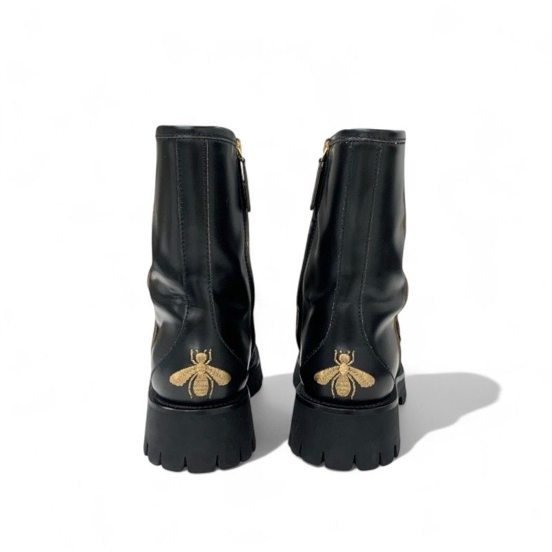 Gucci Boots Short Boots Shoes Leather Black Gold Horsebit Bee Embroidery