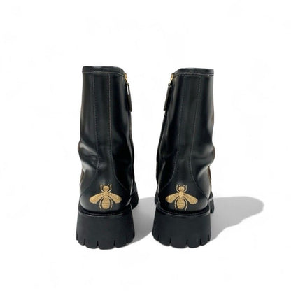 Gucci Boots Short Boots Shoes Leather Black Gold Horsebit Bee Embroidery