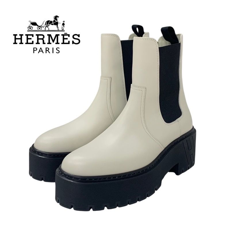 Hermes Hallow Boots Short Boots Shoes Leather Ivory Side Gore