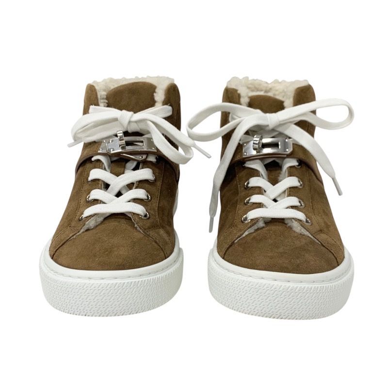 Hermes Daydream Sneakers Shoes Suede Shearling Brown Silver High Cut Sneakers