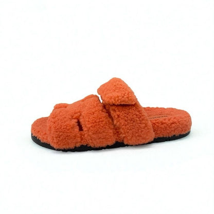 Hermes Chypre Sandals Shoes Shearling Orange Flat Boa