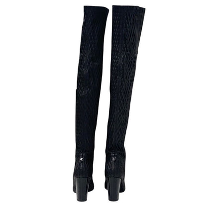 Chanel Boots Long Boots Shoes Leather Black Knee High Boots Here Mark