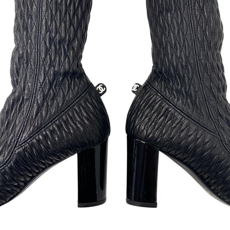 Chanel Boots Long Boots Shoes Leather Black Knee High Boots Here Mark