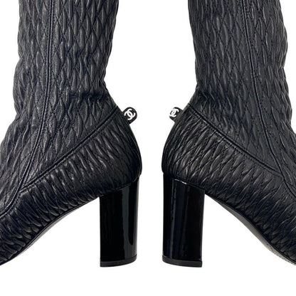 Chanel Boots Long Boots Shoes Leather Black Knee High Boots Here Mark