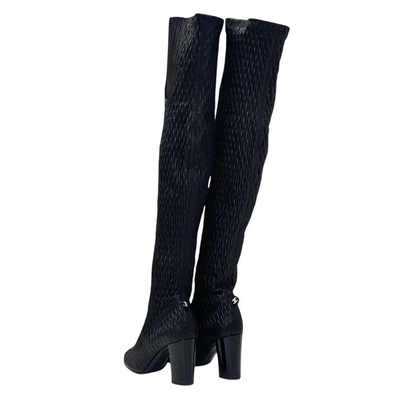 Chanel Boots Long Boots Shoes Leather Black Knee High Boots Here Mark