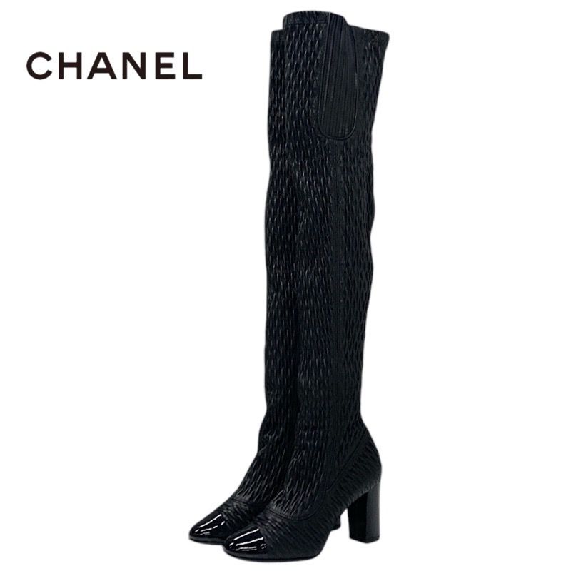 Chanel Boots Long Boots Shoes Leather Black Knee High Boots Here Mark