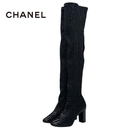 Chanel Boots Long Boots Shoes Leather Black Knee High Boots Here Mark