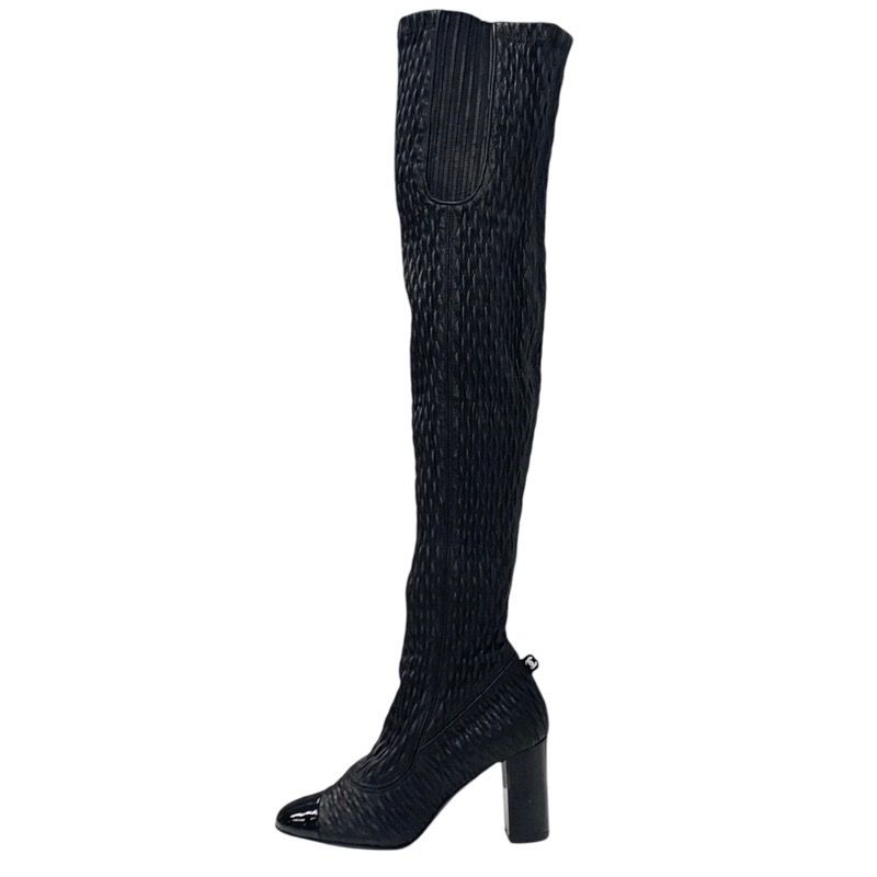 Chanel Boots Long Boots Shoes Leather Black Knee High Boots Here Mark