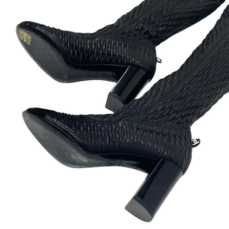 Chanel Boots Long Boots Shoes Leather Black Knee High Boots Here Mark