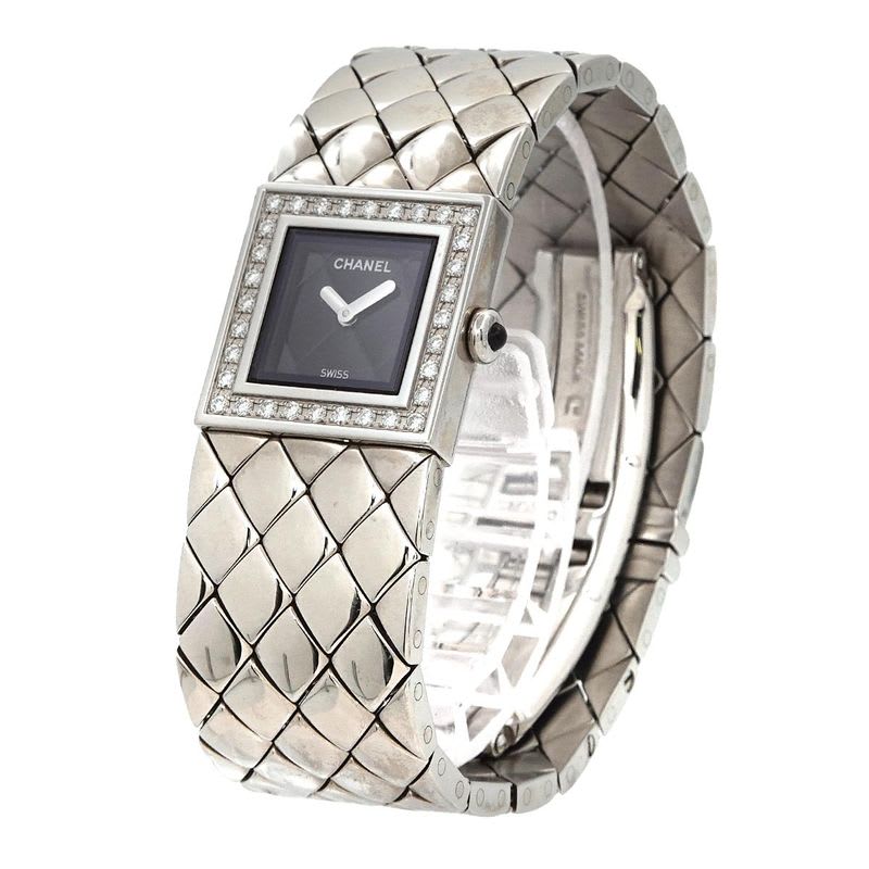 Chanel Quilted H0489 Diamond Bezel Vintage Watch Black Quartz