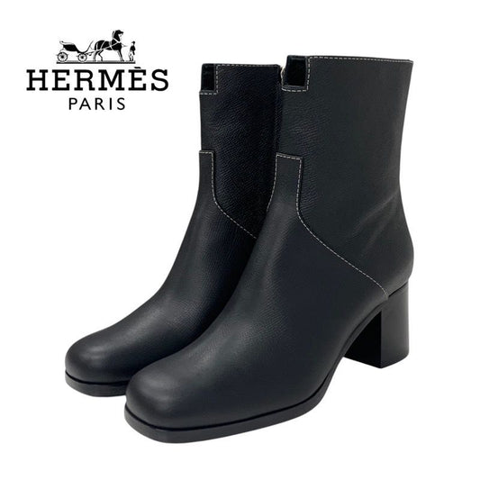 Hermes Flats Boots Short Boots Shoes Leather Black Stitching