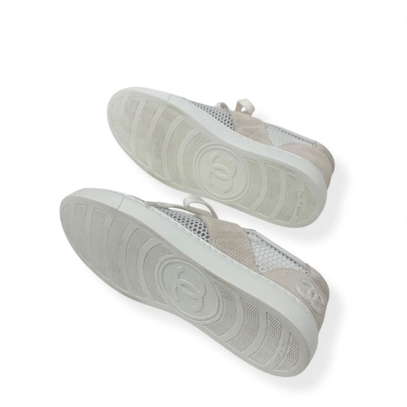 Chanel Sneakers Shoes Suede Beige White Here Mark Mesh