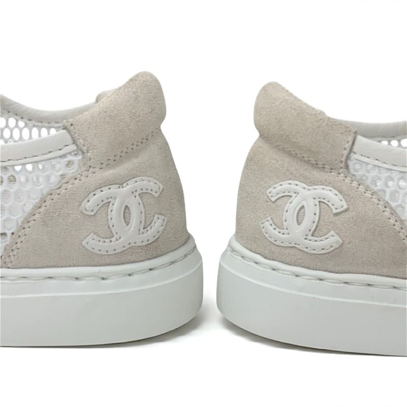 Chanel Sneakers Shoes Suede Beige White Here Mark Mesh