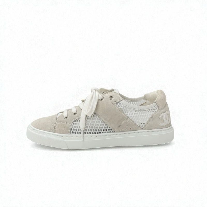 Chanel Sneakers Shoes Suede Beige White Here Mark Mesh