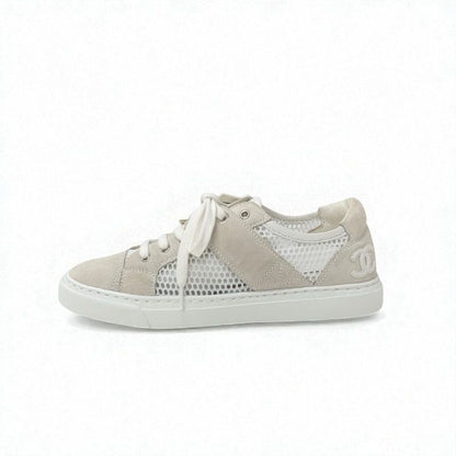 Chanel Sneakers Shoes Suede Beige White Here Mark Mesh