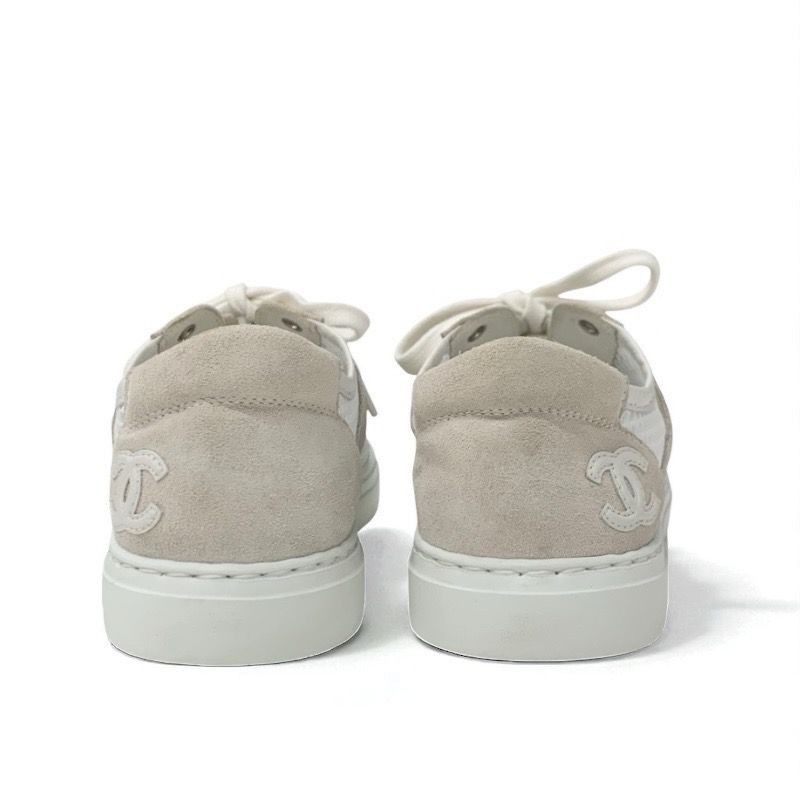 Chanel Sneakers Shoes Suede Beige White Here Mark Mesh