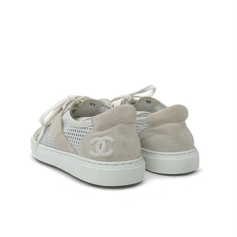 Chanel Sneakers Shoes Suede Beige White Here Mark Mesh