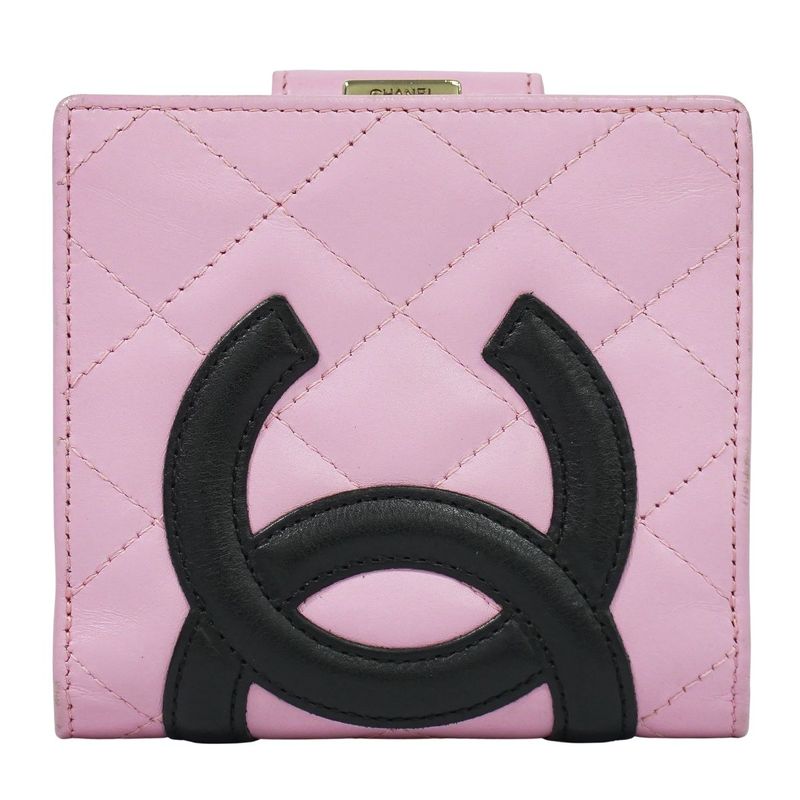 Authentic Chanel Coco Mark Cambon Line Fold Wallet Compact Wallet Leather Pink