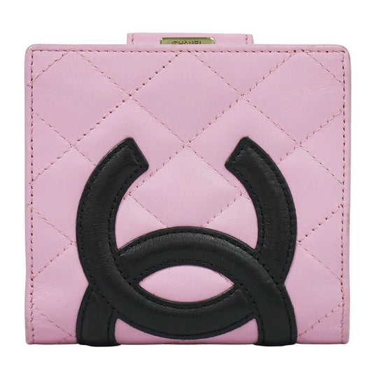 Authentic Chanel Coco Mark Cambon Line Fold Wallet Compact Wallet Leather Pink