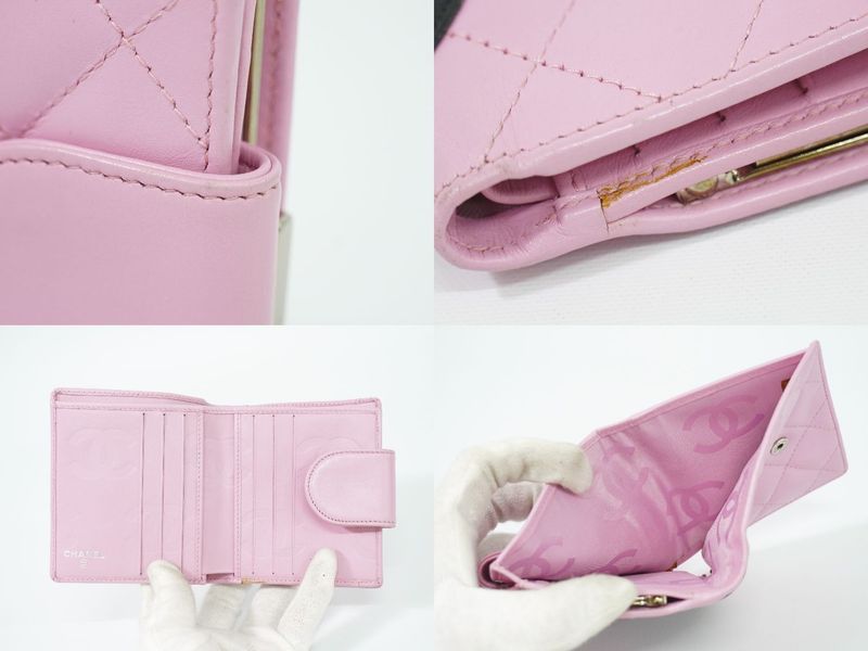 Authentic Chanel Coco Mark Cambon Line Fold Wallet Compact Wallet Leather Pink