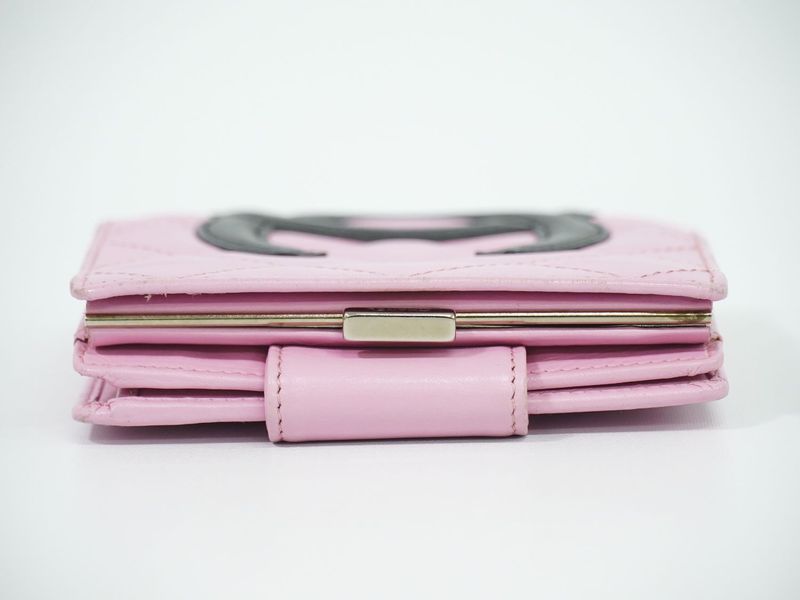 Authentic Chanel Coco Mark Cambon Line Fold Wallet Compact Wallet Leather Pink
