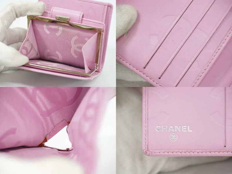 Authentic Chanel Coco Mark Cambon Line Fold Wallet Compact Wallet Leather Pink