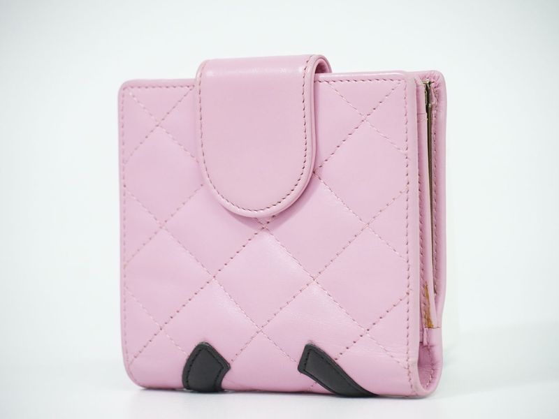 Authentic Chanel Coco Mark Cambon Line Fold Wallet Compact Wallet Leather Pink