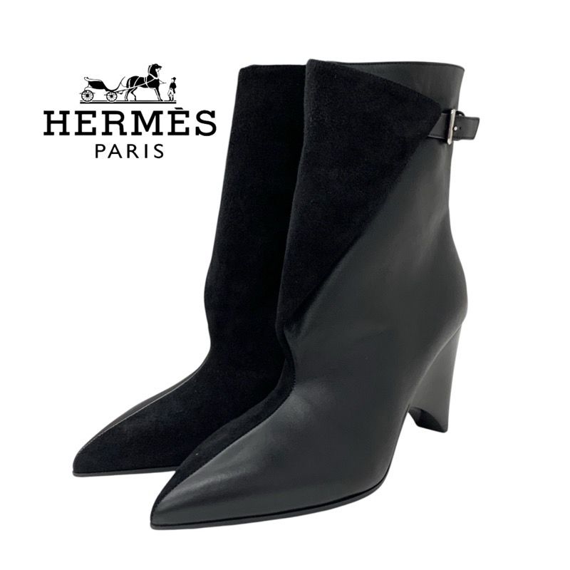 Hermes Hanae Boots Short Boots Shoes Suede Leather Black