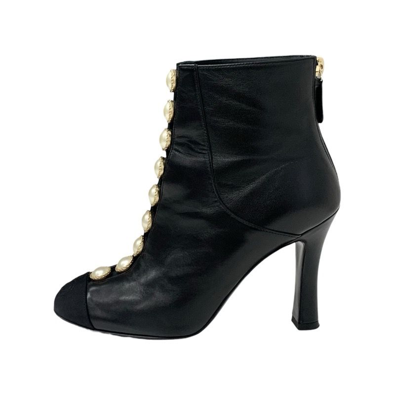 Chanel Boots Short Boots Shoes Leather Fabric Black Here Mark Pearl