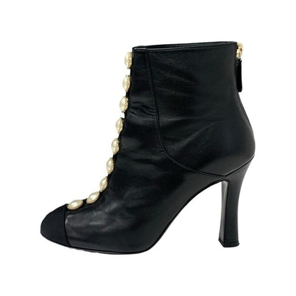 Chanel Boots Short Boots Shoes Leather Fabric Black Here Mark Pearl