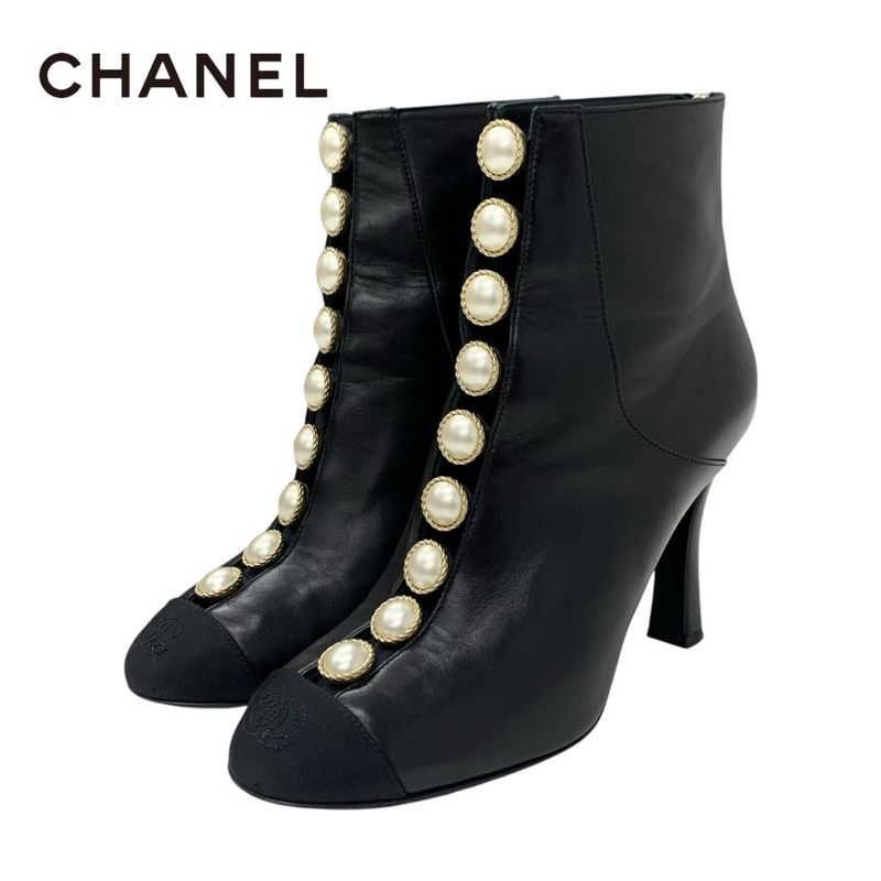 Chanel Boots Short Boots Shoes Leather Fabric Black Here Mark Pearl