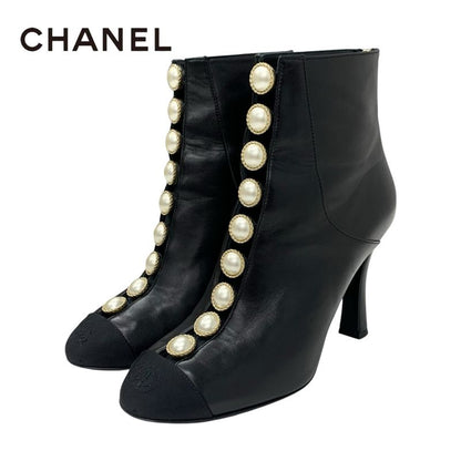 Chanel Boots Short Boots Shoes Leather Fabric Black Here Mark Pearl