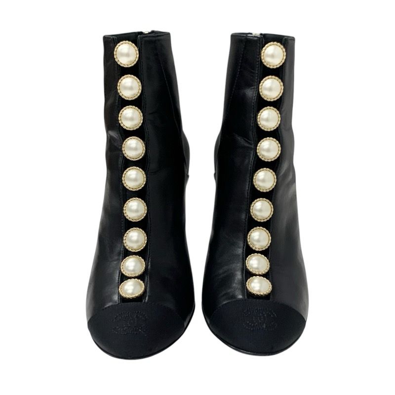 Chanel Boots Short Boots Shoes Leather Fabric Black Here Mark Pearl
