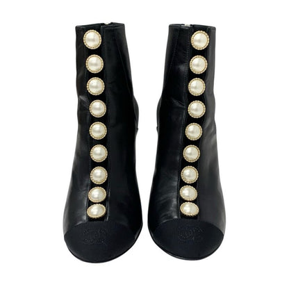Chanel Boots Short Boots Shoes Leather Fabric Black Here Mark Pearl