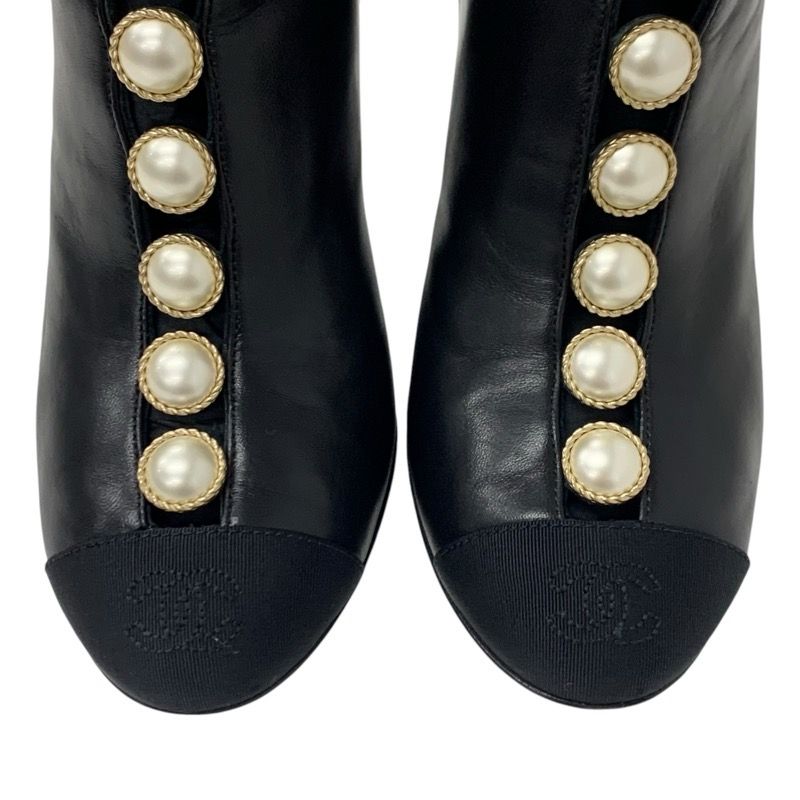 Chanel Boots Short Boots Shoes Leather Fabric Black Here Mark Pearl
