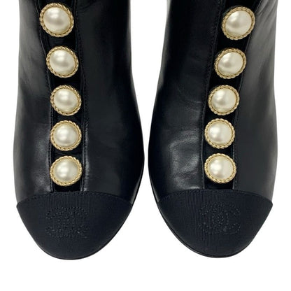 Chanel Boots Short Boots Shoes Leather Fabric Black Here Mark Pearl