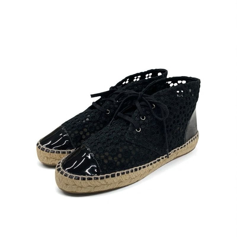 Chanel Sneakers Shoes Fabric Patent Black Coco Mark Espadrilles Lace