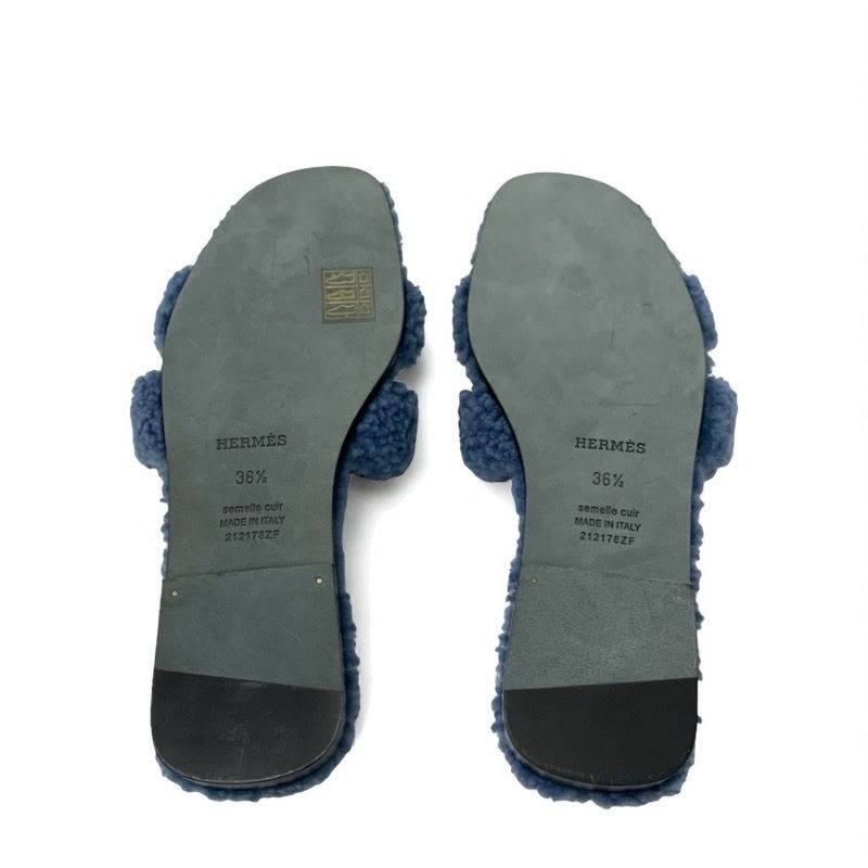 Hermes Oran Sandals Shoes Shearling Blue Flat Mule Boa