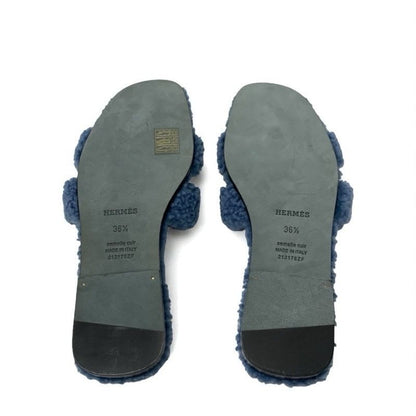 Hermes Oran Sandals Shoes Shearling Blue Flat Mule Boa