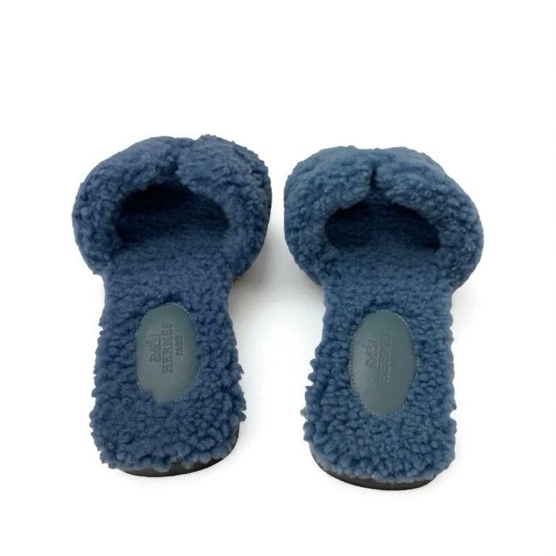 Hermes Oran Sandals Shoes Shearling Blue Flat Mule Boa