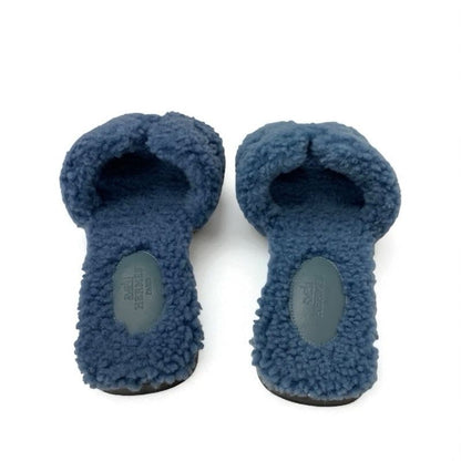 Hermes Oran Sandals Shoes Shearling Blue Flat Mule Boa