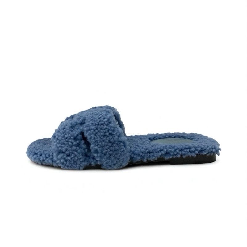 Hermes Oran Sandals Shoes Shearling Blue Flat Mule Boa